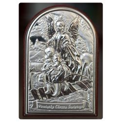 Anioł Stróż przeprowadzający dzieci przez kładkę - Pamiątka Chrztu Świętego obrazek srebrny 9x6 błysk